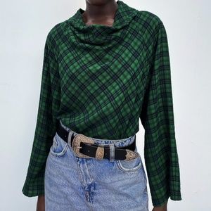 NWT Zara Black Green Plaid Long Sleeve Blouse Cowl Neck Medium 9878/239